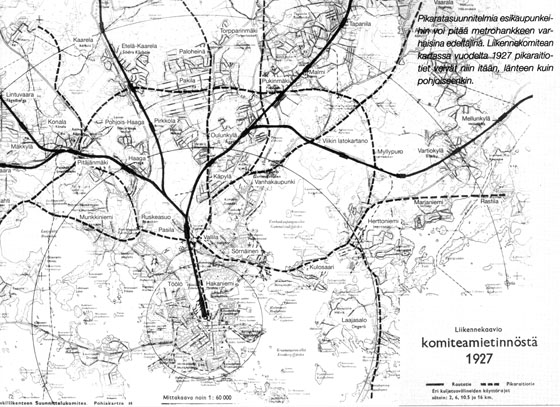 Esikaupunkiliikenteen suunnittelukomietan piakraitioverkko 1927.