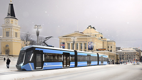 Raitiovaunu talvisella Keskustorilla. Kuva Tampereen kaupunki / IDIS Design.